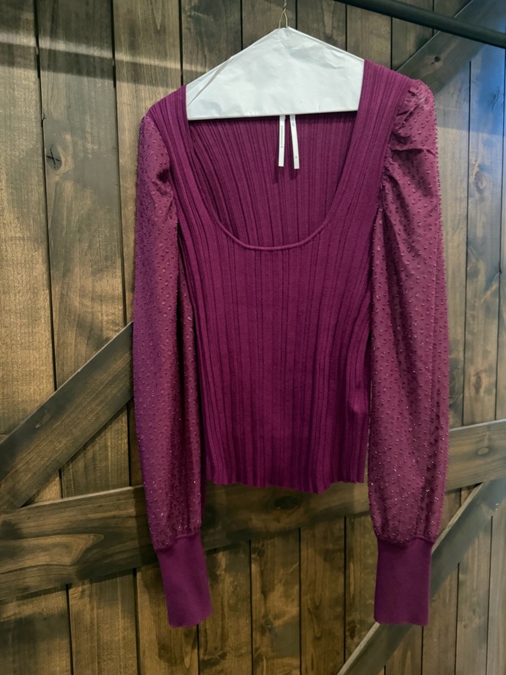 Anthropologie Plum Ribbed Scoop-Neck Top with Sheer Dot Sleeves
